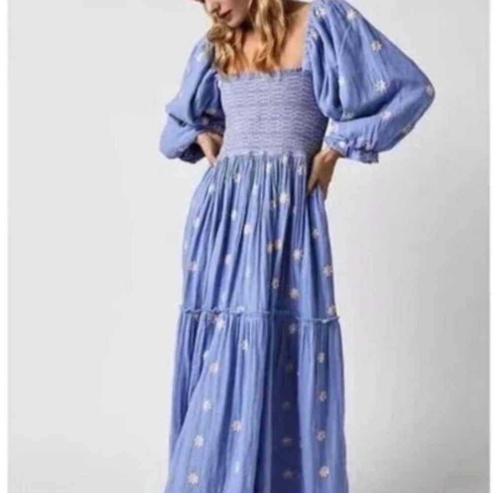 Free People Dalia Embroidered Maxi Dress in Misty Dawn